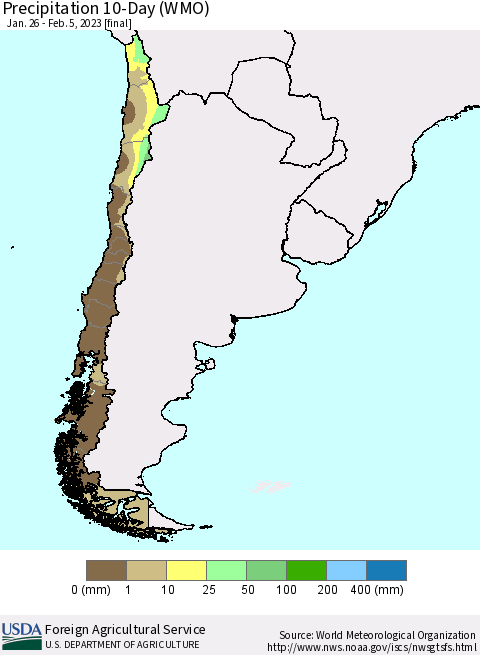 Chile Precipitation 10-Day (WMO) Thematic Map For 1/26/2023 - 2/5/2023