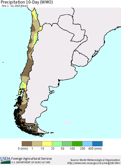 Chile Precipitation 10-Day (WMO) Thematic Map For 2/1/2023 - 2/10/2023