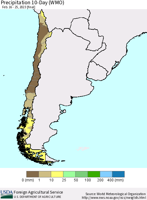Chile Precipitation 10-Day (WMO) Thematic Map For 2/16/2023 - 2/25/2023