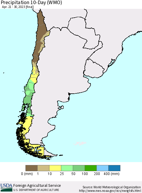 Chile Precipitation 10-Day (WMO) Thematic Map For 4/21/2023 - 4/30/2023
