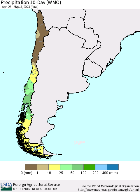 Chile Precipitation 10-Day (WMO) Thematic Map For 4/26/2023 - 5/5/2023