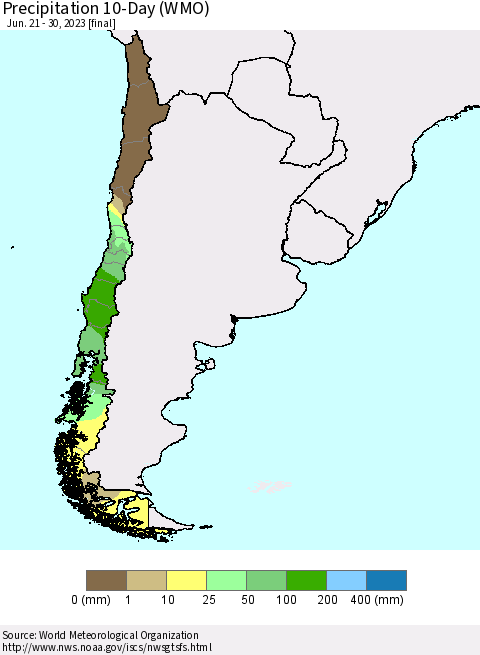 Chile Precipitation 10-Day (WMO) Thematic Map For 6/21/2023 - 6/30/2023