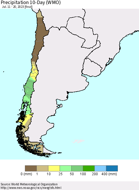 Chile Precipitation 10-Day (WMO) Thematic Map For 7/11/2023 - 7/20/2023