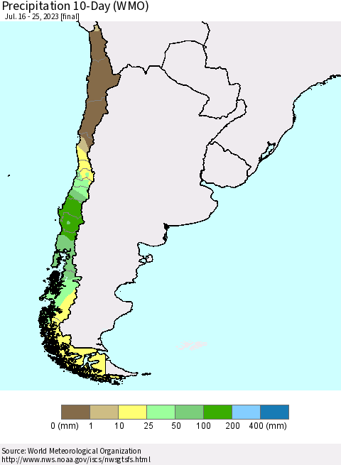Chile Precipitation 10-Day (WMO) Thematic Map For 7/16/2023 - 7/25/2023