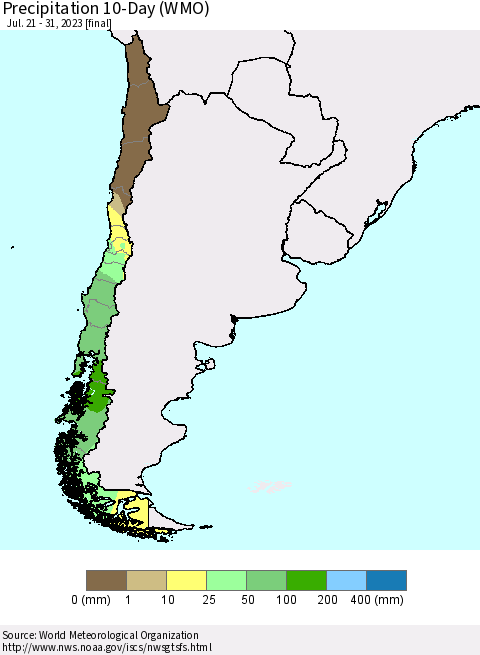 Chile Precipitation 10-Day (WMO) Thematic Map For 7/21/2023 - 7/31/2023