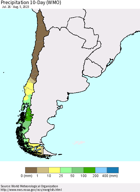 Chile Precipitation 10-Day (WMO) Thematic Map For 7/26/2023 - 8/5/2023