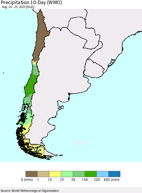Chile Precipitation 10-Day (WMO) Thematic Map For 8/16/2023 - 8/25/2023