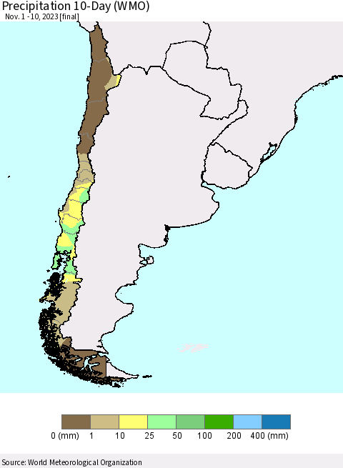Chile Precipitation 10-Day (WMO) Thematic Map For 11/1/2023 - 11/10/2023