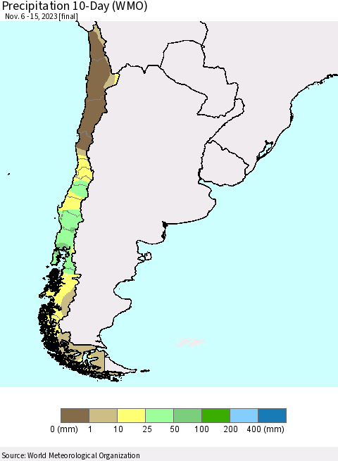 Chile Precipitation 10-Day (WMO) Thematic Map For 11/6/2023 - 11/15/2023