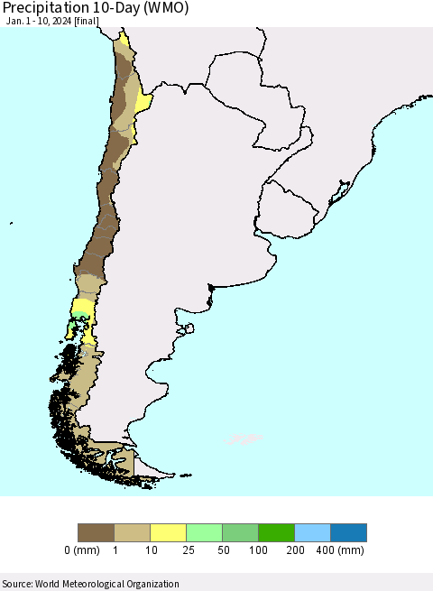 Chile Precipitation 10-Day (WMO) Thematic Map For 1/1/2024 - 1/10/2024