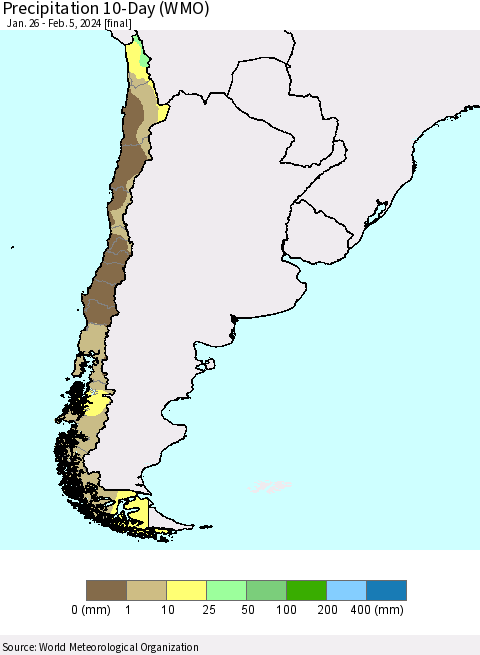 Chile Precipitation 10-Day (WMO) Thematic Map For 1/26/2024 - 2/5/2024