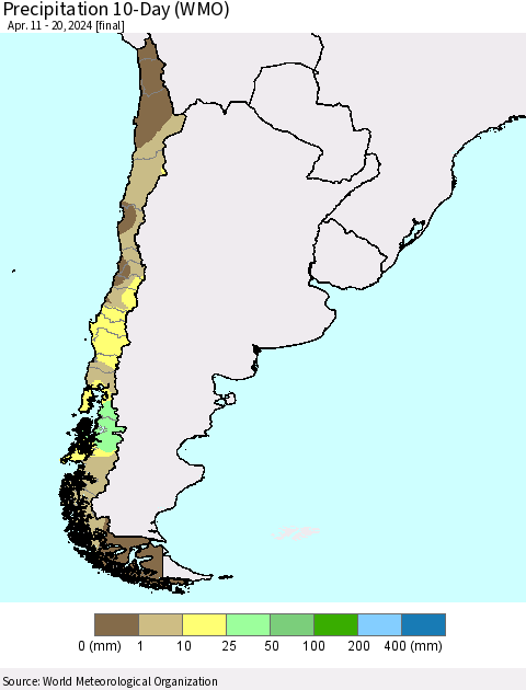 Chile Precipitation 10-Day (WMO) Thematic Map For 4/11/2024 - 4/20/2024