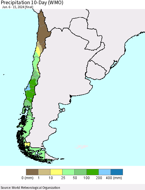 Chile Precipitation 10-Day (WMO) Thematic Map For 6/6/2024 - 6/15/2024