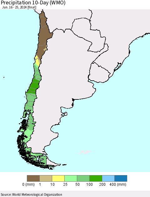 Chile Precipitation 10-Day (WMO) Thematic Map For 6/16/2024 - 6/25/2024