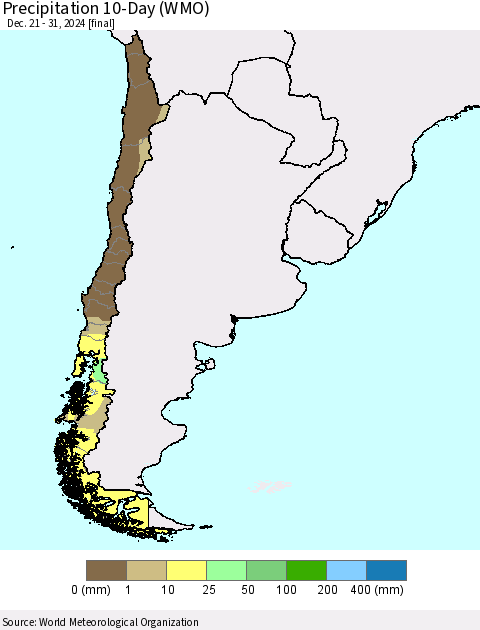 Chile Precipitation 10-Day (WMO) Thematic Map For 12/21/2024 - 12/31/2024