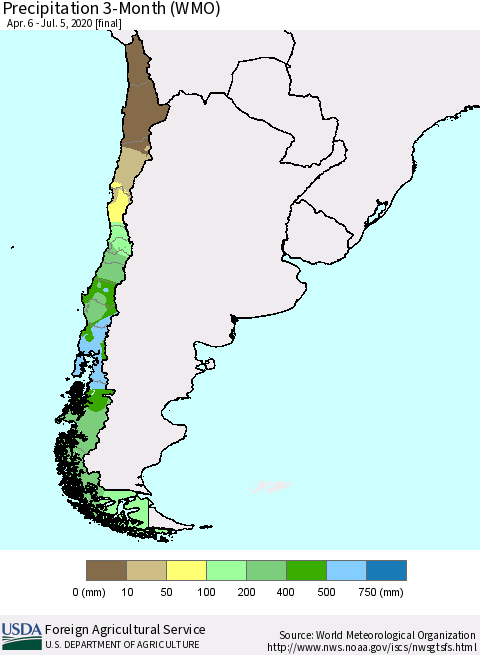 Chile Precipitation 3-Month (WMO) Thematic Map For 4/6/2020 - 7/5/2020