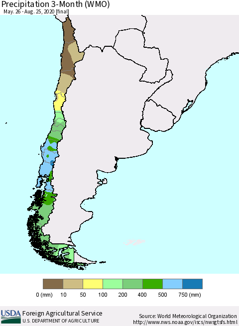 Chile Precipitation 3-Month (WMO) Thematic Map For 5/26/2020 - 8/25/2020