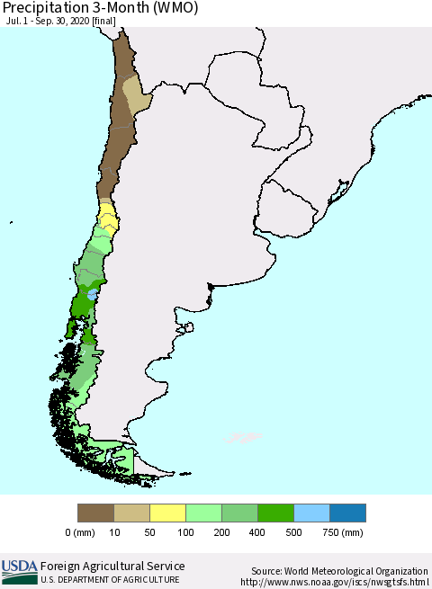 Chile Precipitation 3-Month (WMO) Thematic Map For 7/1/2020 - 9/30/2020