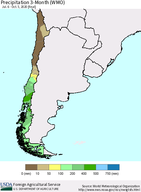 Chile Precipitation 3-Month (WMO) Thematic Map For 7/6/2020 - 10/5/2020