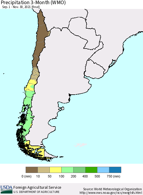 Chile Precipitation 3-Month (WMO) Thematic Map For 9/1/2021 - 11/30/2021