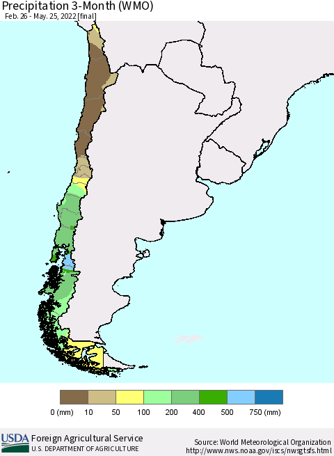 Chile Precipitation 3-Month (WMO) Thematic Map For 2/26/2022 - 5/25/2022