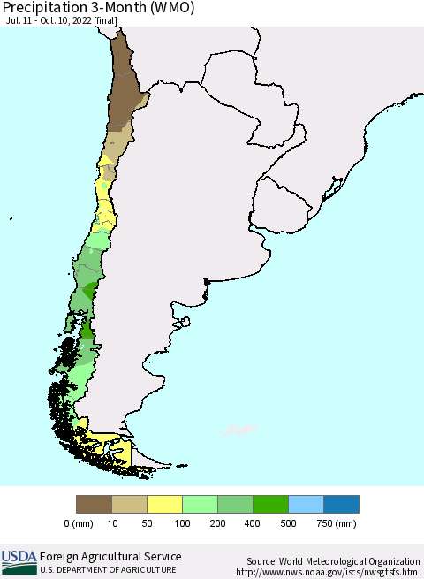 Chile Precipitation 3-Month (WMO) Thematic Map For 7/11/2022 - 10/10/2022