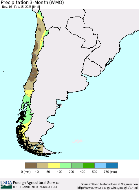 Chile Precipitation 3-Month (WMO) Thematic Map For 11/16/2022 - 2/15/2023