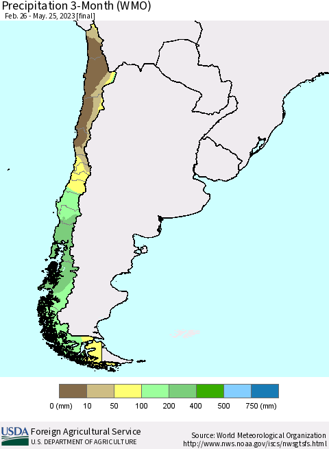 Chile Precipitation 3-Month (WMO) Thematic Map For 2/26/2023 - 5/25/2023