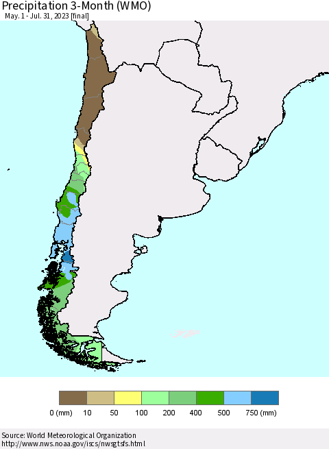 Chile Precipitation 3-Month (WMO) Thematic Map For 5/1/2023 - 7/31/2023