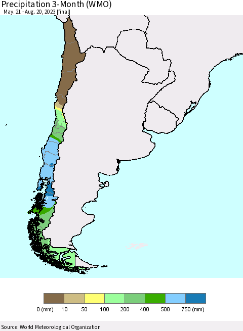 Chile Precipitation 3-Month (WMO) Thematic Map For 5/21/2023 - 8/20/2023