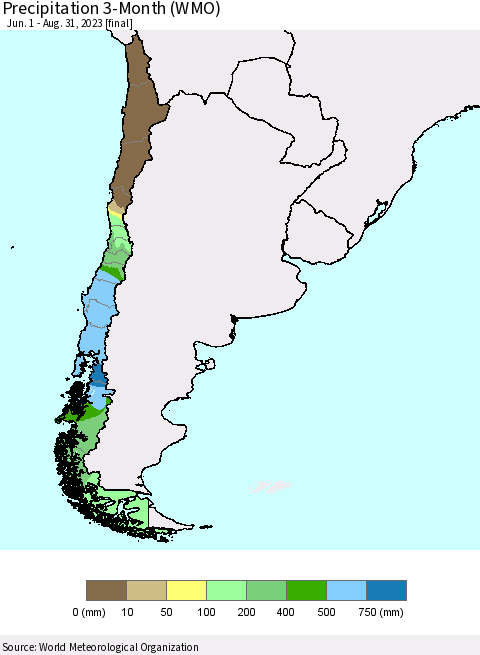 Chile Precipitation 3-Month (WMO) Thematic Map For 6/1/2023 - 8/31/2023