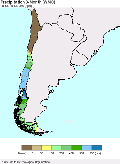 Chile Precipitation 3-Month (WMO) Thematic Map For 6/6/2023 - 9/5/2023