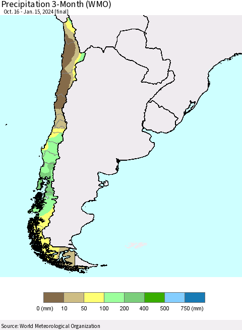 Chile Precipitation 3-Month (WMO) Thematic Map For 10/16/2023 - 1/15/2024