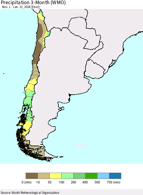 Chile Precipitation 3-Month (WMO) Thematic Map For 11/1/2023 - 1/31/2024