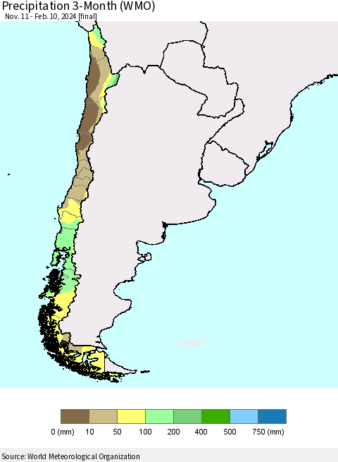 Chile Precipitation 3-Month (WMO) Thematic Map For 11/11/2023 - 2/10/2024