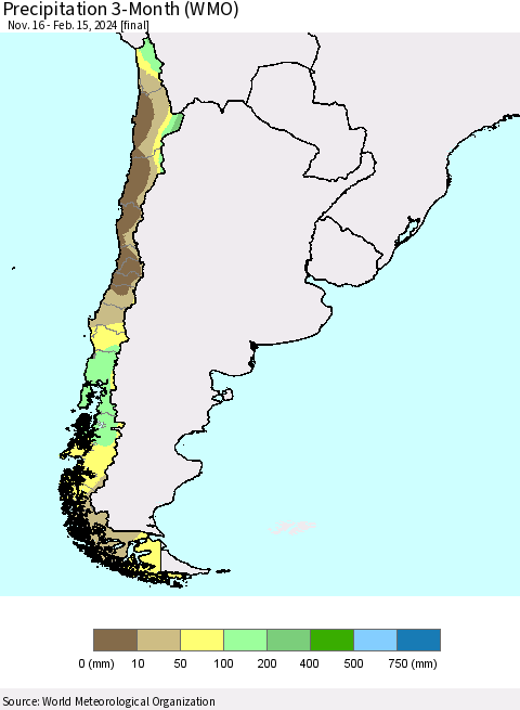 Chile Precipitation 3-Month (WMO) Thematic Map For 11/16/2023 - 2/15/2024