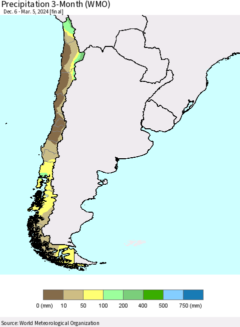 Chile Precipitation 3-Month (WMO) Thematic Map For 12/6/2023 - 3/5/2024