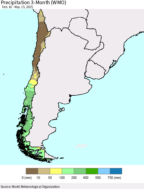Chile Precipitation 3-Month (WMO) Thematic Map For 2/16/2025 - 5/15/2025