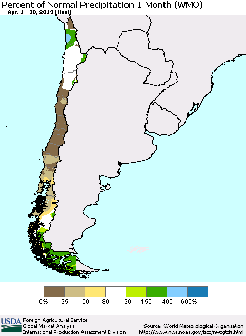Chile Percent of Normal Precipitation 1-Month (WMO) Thematic Map For 4/1/2019 - 4/30/2019
