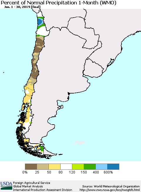 Chile Percent of Normal Precipitation 1-Month (WMO) Thematic Map For 6/1/2019 - 6/30/2019