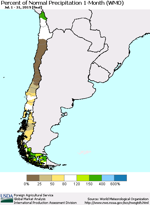 Chile Percent of Normal Precipitation 1-Month (WMO) Thematic Map For 7/1/2019 - 7/31/2019