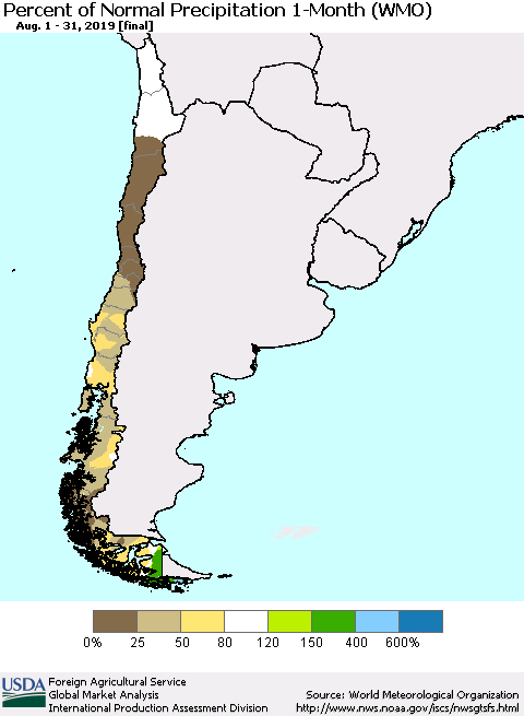 Chile Percent of Normal Precipitation 1-Month (WMO) Thematic Map For 8/1/2019 - 8/31/2019