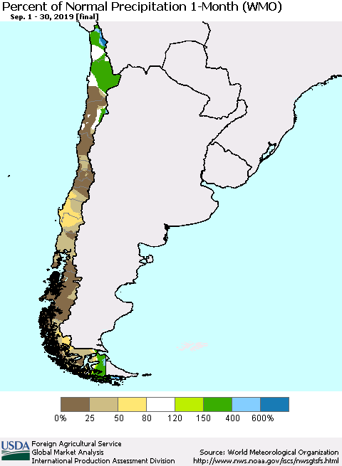 Chile Percent of Normal Precipitation 1-Month (WMO) Thematic Map For 9/1/2019 - 9/30/2019