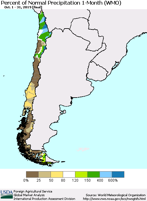 Chile Percent of Normal Precipitation 1-Month (WMO) Thematic Map For 10/1/2019 - 10/31/2019
