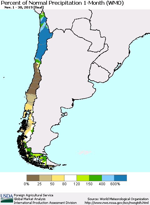 Chile Percent of Normal Precipitation 1-Month (WMO) Thematic Map For 11/1/2019 - 11/30/2019