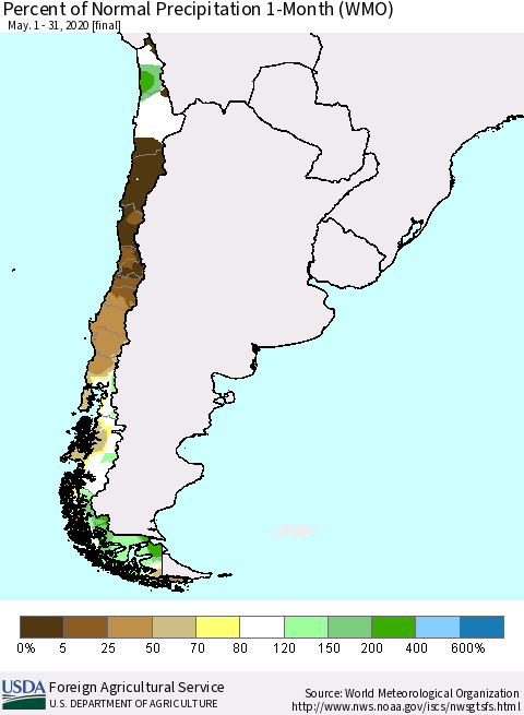 Chile Percent of Normal Precipitation 1-Month (WMO) Thematic Map For 5/1/2020 - 5/31/2020