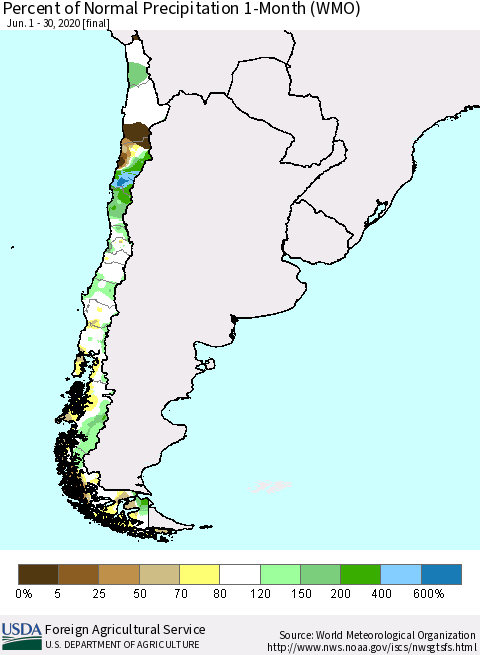 Chile Percent of Normal Precipitation 1-Month (WMO) Thematic Map For 6/1/2020 - 6/30/2020