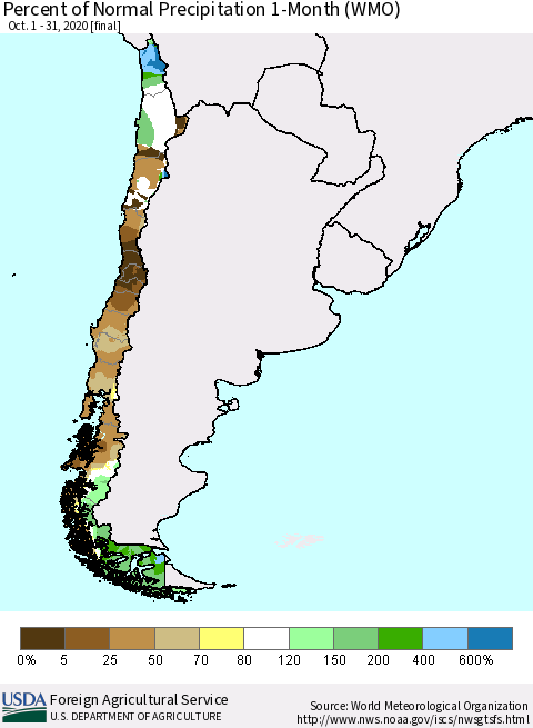 Chile Percent of Normal Precipitation 1-Month (WMO) Thematic Map For 10/1/2020 - 10/31/2020