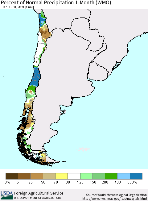 Chile Percent of Normal Precipitation 1-Month (WMO) Thematic Map For 1/1/2021 - 1/31/2021