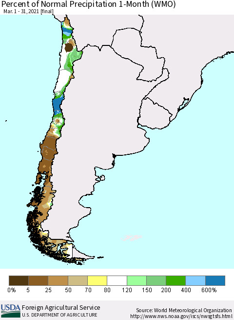 Chile Percent of Normal Precipitation 1-Month (WMO) Thematic Map For 3/1/2021 - 3/31/2021